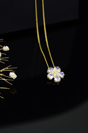 925 Ayar Gümüş Gold Kaplama Lila Taşlı Unutma Beni Çiçeği Kadın Kolye