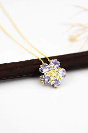 925 Ayar Gümüş Gold Kaplama Lila Taşlı Unutma Beni Çiçeği Kadın Kolye