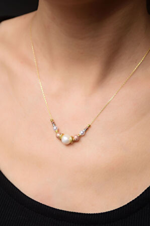 925 Ayar Gümüş Sim Üç Renk Dorika Toplu Incili Kadın Kolye