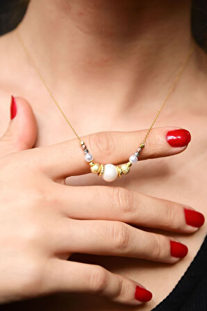 925 Ayar Gümüş Sim Üç Renk Dorika Toplu Incili Kadın Kolye