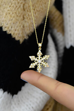925 Ayar Gümüş Gold Kaplama Opal Kar Tanesi Kadın Kolye