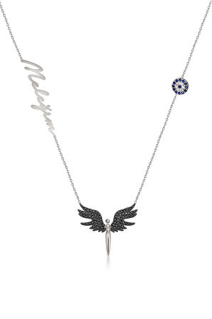 925 Ayar Gümüş Rodyum Kaplama Nazar Boncuklu Siyah Taşlı Mikail Meleği Isimli Kolye