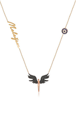 925 Ayar Gümüş Gold Kaplama Nazar Boncuklu Siyah Taşlı Mikail Meleği Kolye