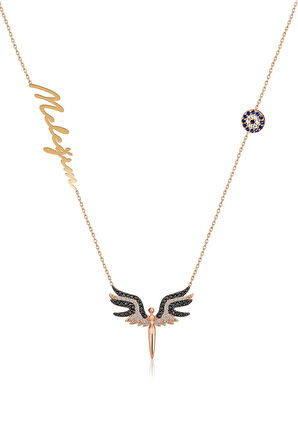 925 Ayar Gümüş Rose Kaplama Nazar Boncuklu Siyah Beyaz Taşlı Mikail Meleği Kadın Kolye