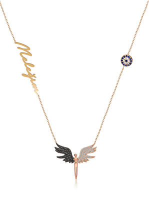 925 Ayar Gümüş Rose Kaplama Nazar Boncuklu Siyah Beyaz Taşlı Mikail Meleği Isimli Kolye