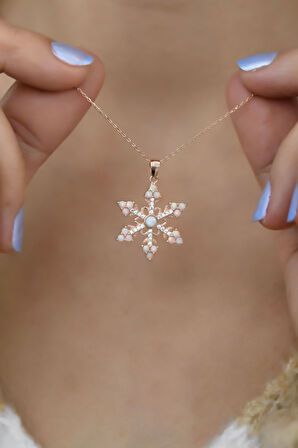 925 Ayar Gümüş Rose Kaplama Opal Kar Çiçeği Kolye