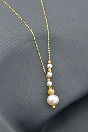 925 Ayar Gümüş Gold Kaplama Akışlı Sim Dorika Toplu Incili Kadın Kolye