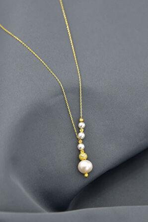 925 Ayar Gümüş Gold Kaplama Akışlı Sim Dorika Toplu Incili Kadın Kolye