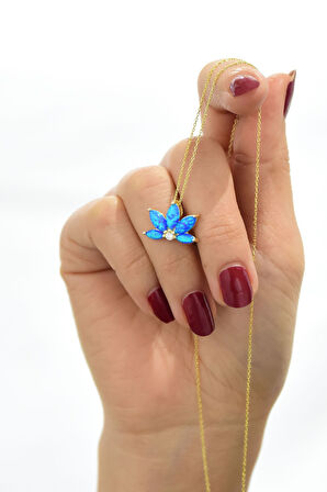 925 Ayar Gümüş Gold Kaplama Lacivert Opal Taşlı Lotus Kolye