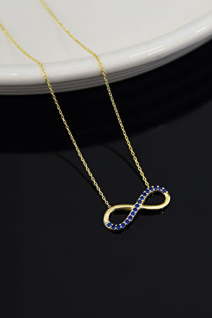 925 Ayar Gümüş Gold Kaplama Yarım Lacvert Taşlı Sonsuzluk Kadın Kolye