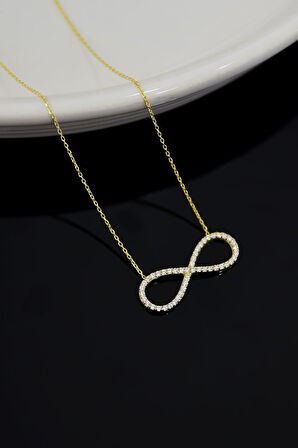 925 Ayar Gümüş Gold Kaplama Beyaz Taşlı Sonsuzluk Kadın Kolye