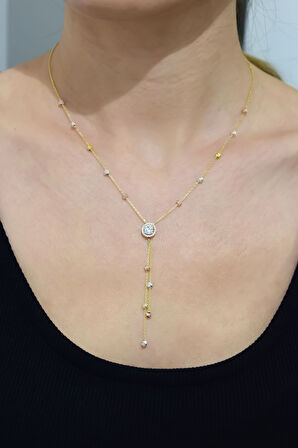 925 Ayar Gümüş Gold Kaplama Akışlı Üç Renk Dorika Toplu Tek Taş Kadın Kolye