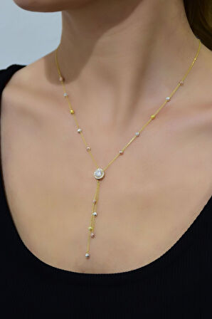 925 Ayar Gümüş Gold Kaplama Akışlı Üç Renk Dorika Toplu Tek Taş Kadın Kolye