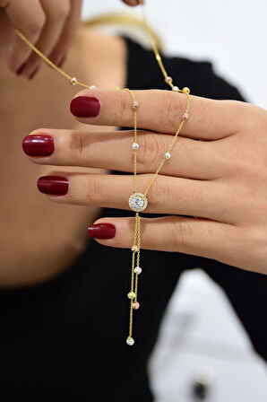 925 Ayar Gümüş Gold Kaplama Akışlı Üç Renk Dorika Toplu Tek Taş Kadın Kolye