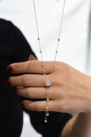 925 Ayar Gümüş Rose Kaplama Akışlı Üç Renk Dorika Toplu Tek Taşkadın Kolye