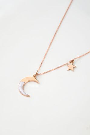 925 Ayar Gümüş Rose Kaplama Sedef Mineli Hilal Kadın Kolye