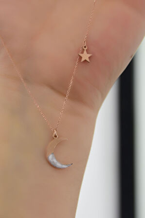 925 Ayar Gümüş Rose Kaplama Sedef Mineli Hilal Kadın Kolye