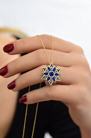 925 Ayar Gümüş Gold Kaplama Safir Kamelya Çiçeği Kolye