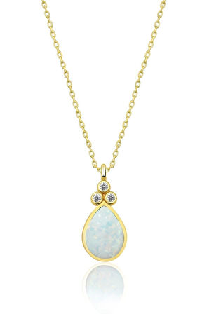 925 Ayar Gümüş Gold Kaplama Beyaz Opal Taşlı Damla Kolye