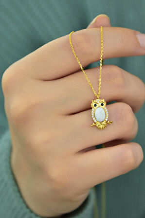 925 Ayar Gümüş Gold Kaplama Beyaz Opal Taşlı Baykuş Kolye