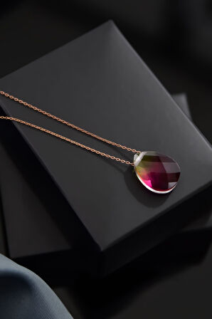 925 Ayar Gümüş Rose Kaplama Renkli Damla Kolye