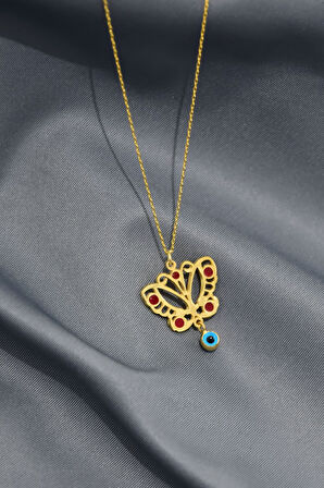 925 Ayar Gümüş Gold Kaplama Cam Gözlü Mineli Kelebek Kolye