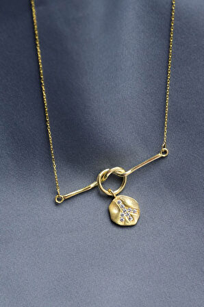 925 Ayar Gümüş Gold Kaplama D Harfli Düğüm Kolye