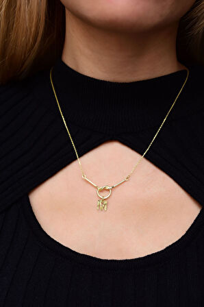 925 Ayar Gümüş Gold Kaplama Kristal M Harfli Düğüm Kolye