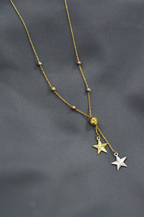 925 Ayar Gümüş Gold Kaplama Üç Renkli Dorika Toplu Kayan Kristal Yıldız Kolye