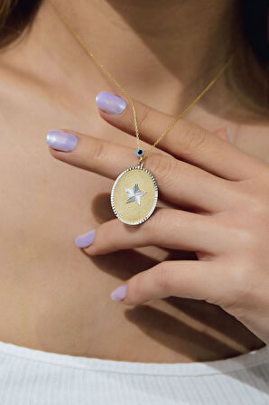 925 Ayar Gümüş Gold Kaplama Gözlü Yıldız Plaka Kolye