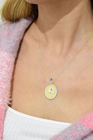 925 Ayar Gümüş Gold Kaplama Gözlü Yıldız Plaka Kolye