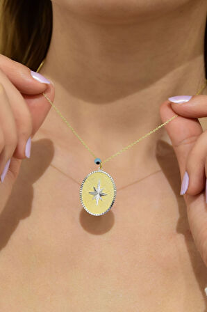 925 Ayar Gümüş Gold Kaplama Gözlü Kutup Yıldız Plaka Kolye