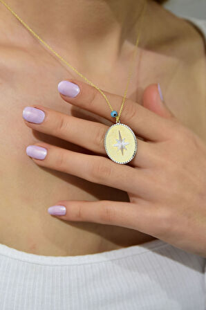 925 Ayar Gümüş Gold Kaplama Gözlü Kutup Yıldız Plaka Kolye