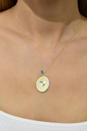 925 Ayar Gümüş Gold Kaplama Gözlü Kalp Plaka Kolye