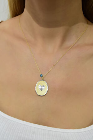 925 Ayar Gümüş Gold Kaplama Gözlü Kalp Plaka Kolye