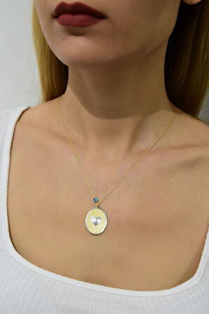 925 Ayar Gümüş Gold Kaplama Gözlü Kalp Plaka Kolye