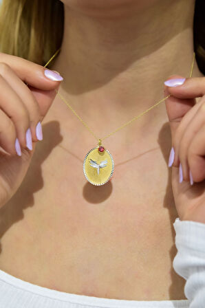 925 Ayar Gümüş Gold Kaplama Kırmızı Taşlı Mikail Meleği Plaka Kolye