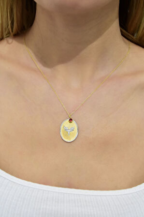 925 Ayar Gümüş Gold Kaplama Kırmızı Taşlı Mikail Meleği Plaka Kolye