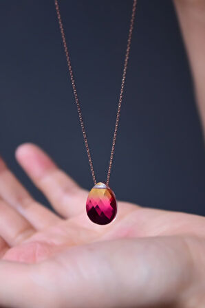 925 Ayar Gümüş Rose Kaplama Ateş Damla Kolye