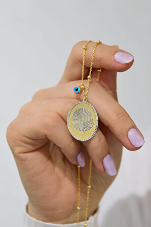 925 Ayar Gümüş Gold Kaplama Toplu Zincir Cam Gözlü Yaşam Çiçeği Plaka Kadın Kolye