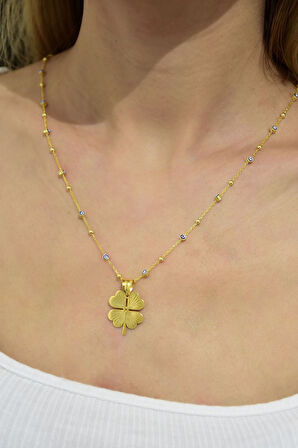 925 Ayar Gümüş Gold Kaplama Mineli Nazar Toplu Zincir Yonca Kadın Kolye