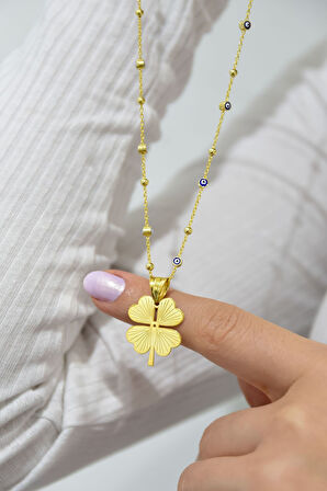 925 Ayar Gümüş Gold Kaplama Mineli Nazar Toplu Zincir Yonca Kadın Kolye