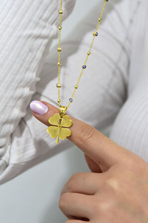 925 Ayar Gümüş Gold Kaplama Mineli Nazar Toplu Zincir Yonca Kadın Kolye