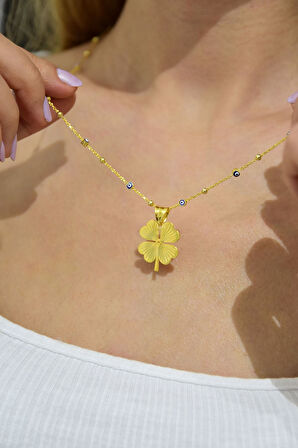 925 Ayar Gümüş Gold Kaplama Mineli Nazar Toplu Zincir Yonca Kadın Kolye