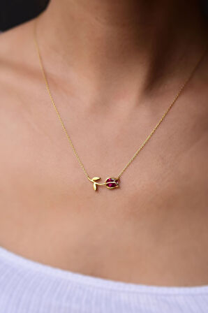 925 Ayar Gümüş Gold Kaplama Fuşya Taşlı Lale Kolye