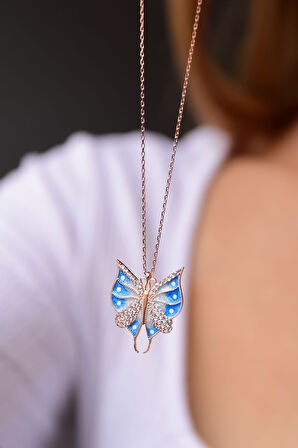 925 Ayar Gümüş Rose Kaplama Mavi Mineli Beyaz Taşlı Kelebek Kolye