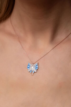 925 Ayar Gümüş Rose Kaplama Mavi Mineli Beyaz Taşlı Kelebek Kolye