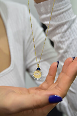 925 Ayar Gümüş Gold Kaplama Doğum Taşlı Kristal Kesim Plaka Kova /aquarius Burç Kolye