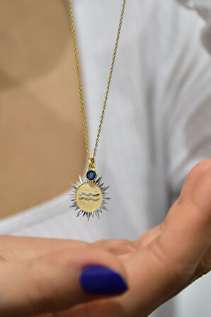 925 Ayar Gümüş Gold Kaplama Doğum Taşlı Kristal Kesim Plaka Kova /aquarius Burç Kolye