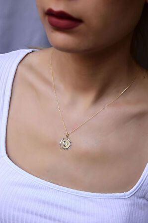 925 Ayar Gümüş Gold Kaplama Kristal Kesim Plaka Ay Yıldız Kolye